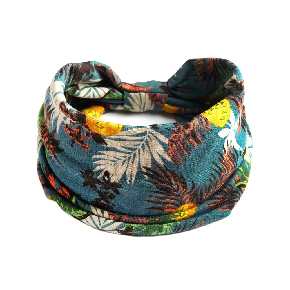 Women's Flower Print Elastic Wide Cotton Headbands