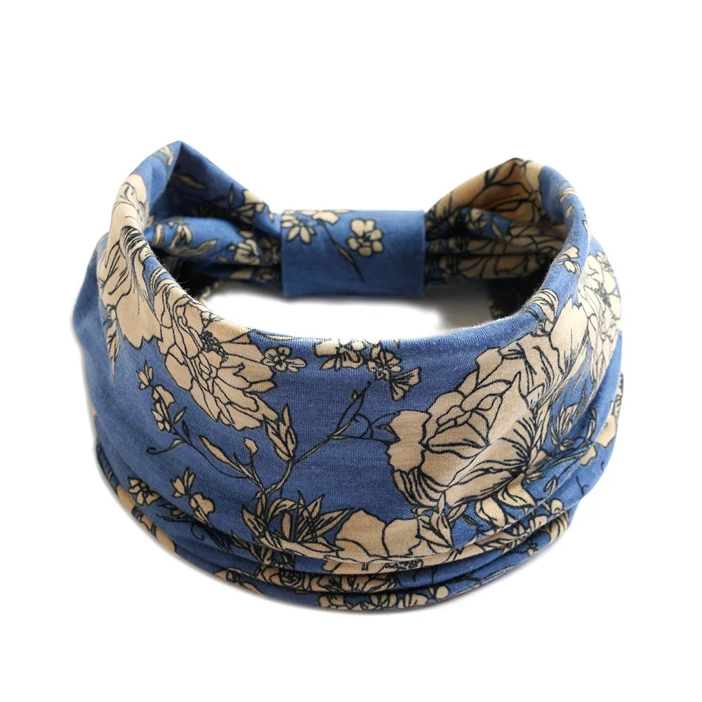 Women's Flower Print Elastic Wide Cotton Headbands