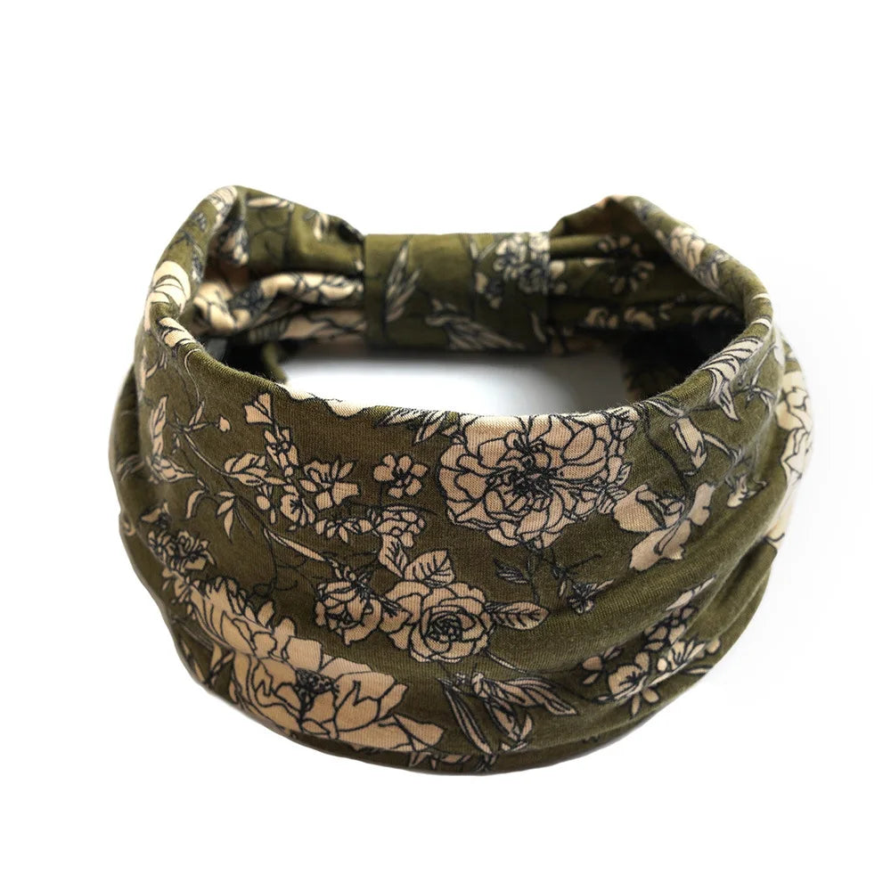 Women's Flower Print Elastic Wide Cotton Headbands
