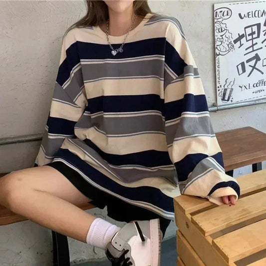Women's Striped Oversized  Long Sleeve Top
