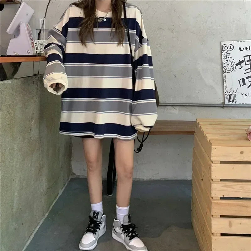 Women's Striped Oversized  Long Sleeve Top