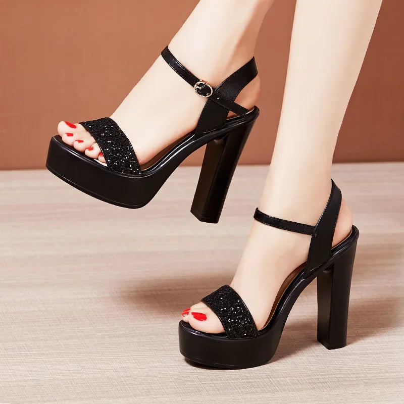 Sandales pour femmes en PVC, fleur en cristal, talon épais, bout ouvert, sangle arrière, bande élastique