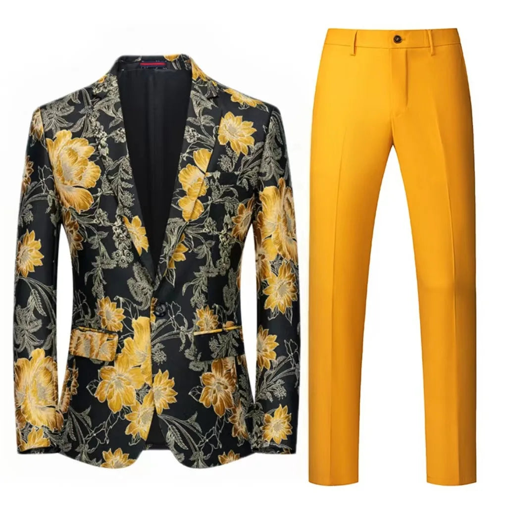 Orange Flower Pattern 2-Piece Suit for Men
