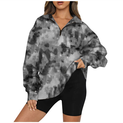 Sweat-shirt zippé à manches longues imprimé tie-dye pour femmes