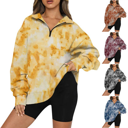 Sweat-shirt zippé à manches longues imprimé tie-dye pour femmes