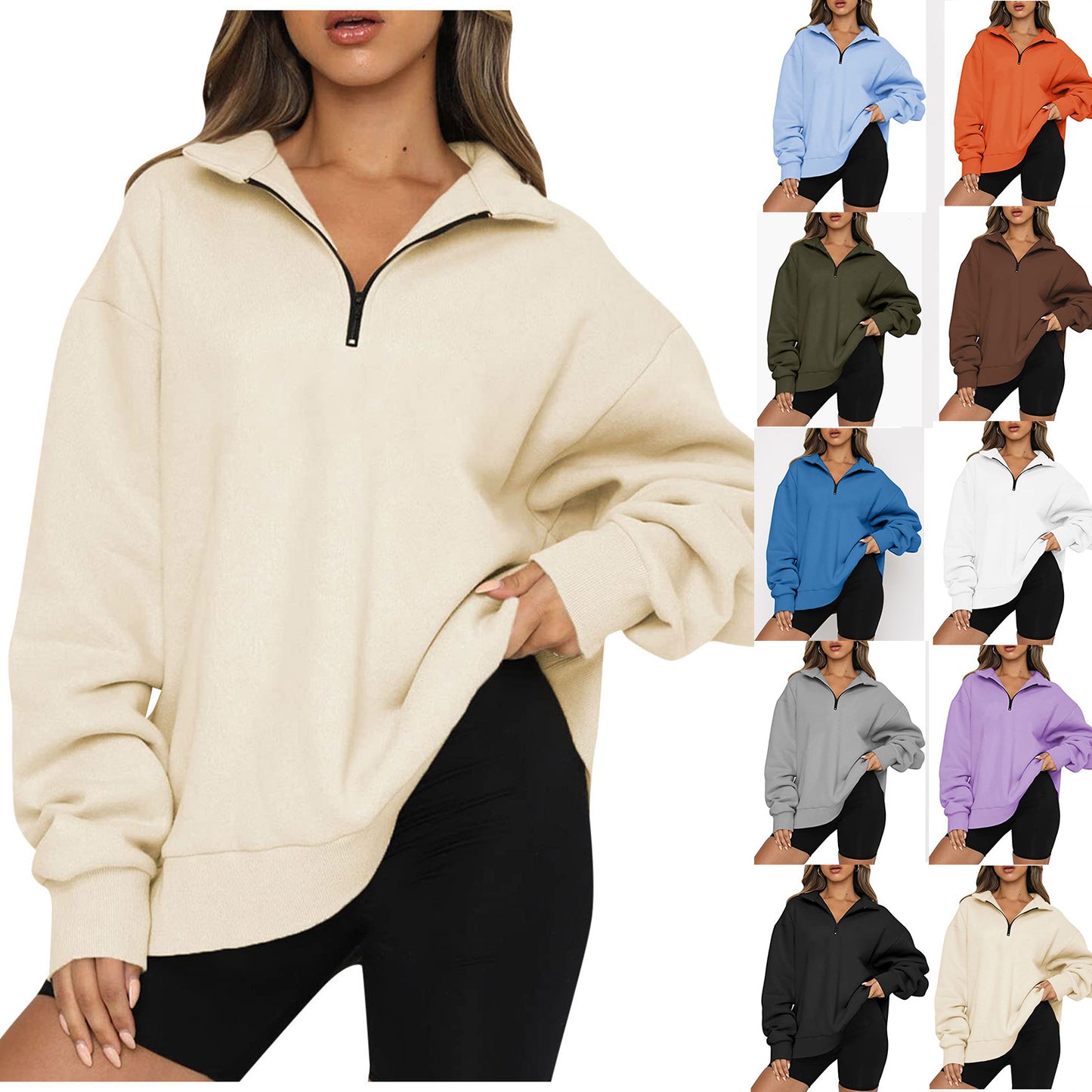 Women Sweatshirts Zip Turndown Collar  Tops