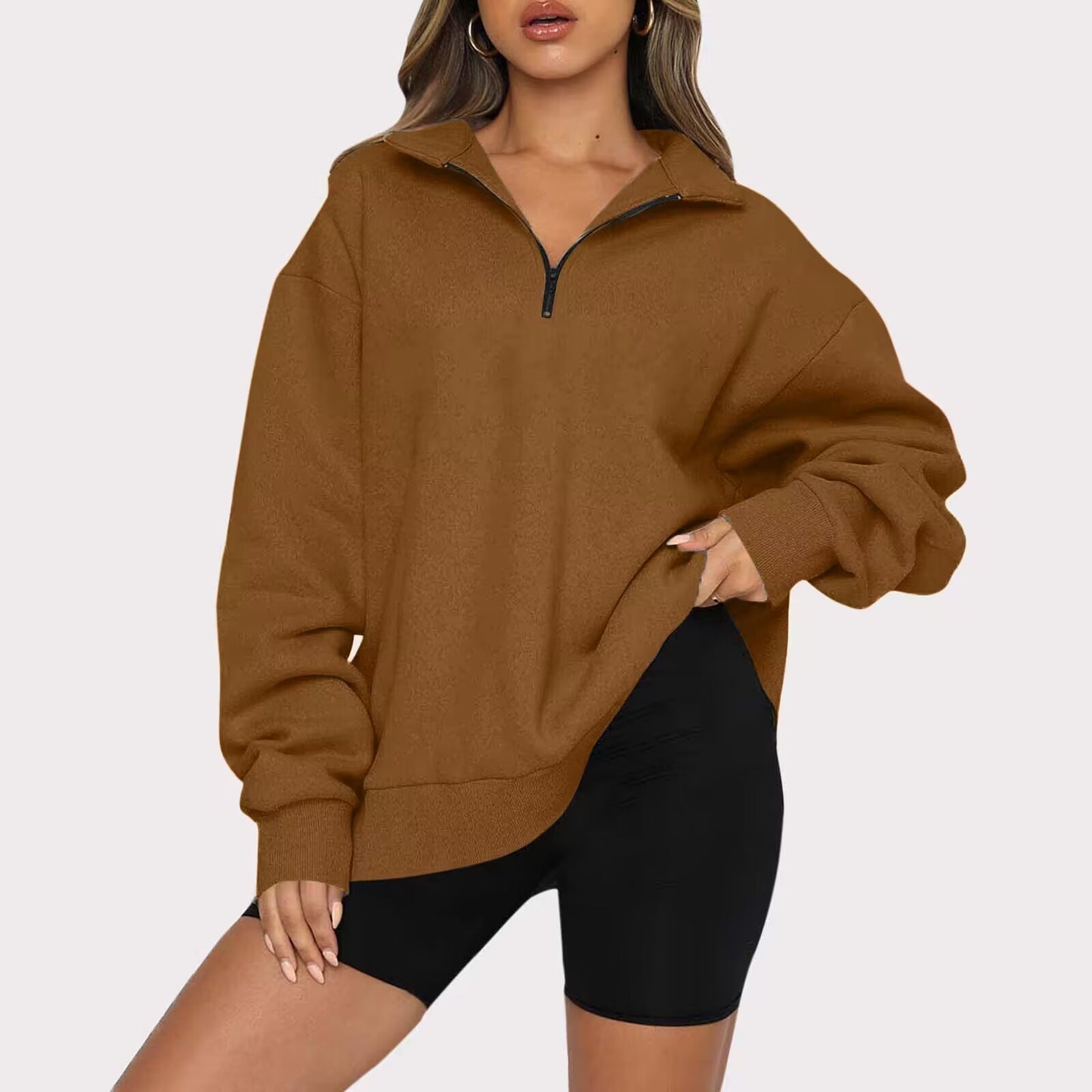 Women Sweatshirts Zip Turndown Collar  Tops