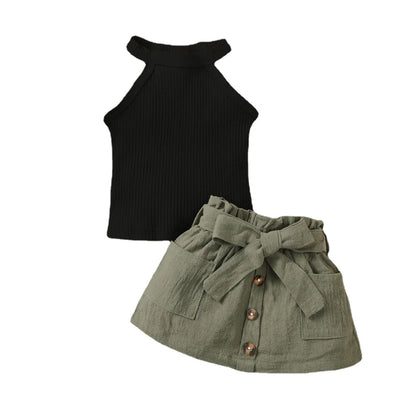 Baby Girl Clothing Set Ribbed Hanging Neck Top+Short Skirt Outfit