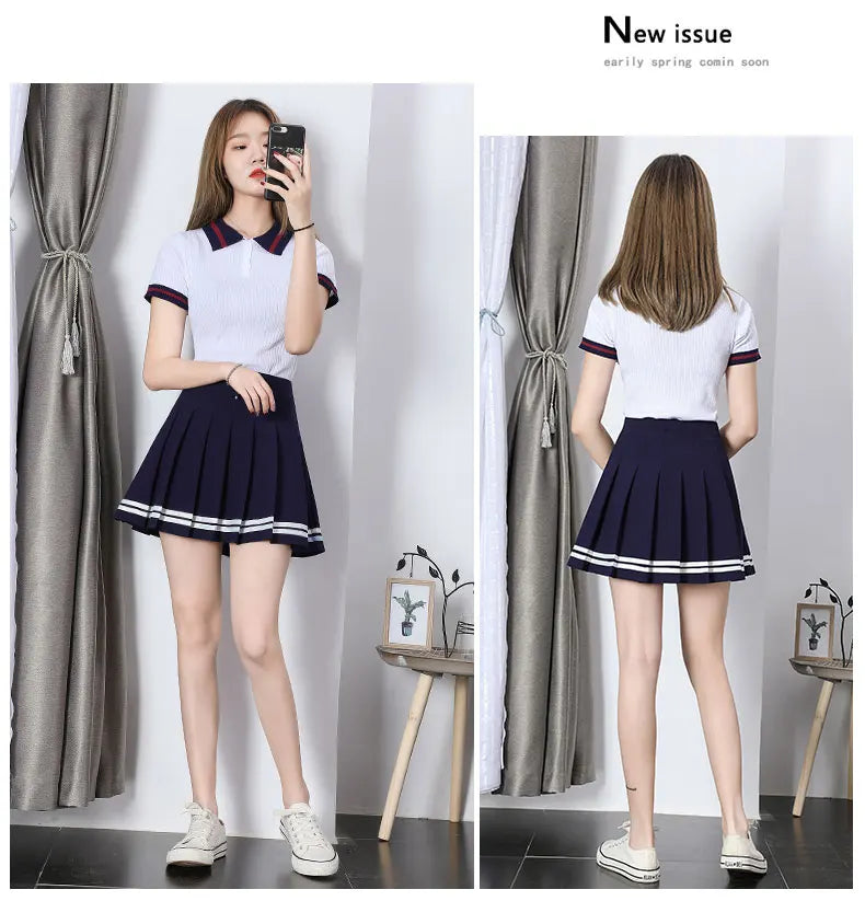 High-Waist Striped Pleated Mini Skirt
